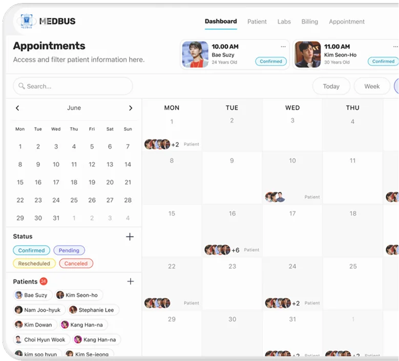Medbus HIPAA-compliant clinic management software security dashboard showing encrypted patient data and audit trail