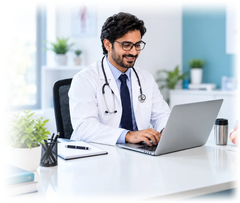 A doctor working through the day&rsquo;s clinic workflow in Medbus on a laptop