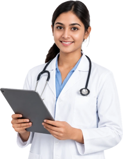 A doctor reviewing clinic records on a tablet in Medbus