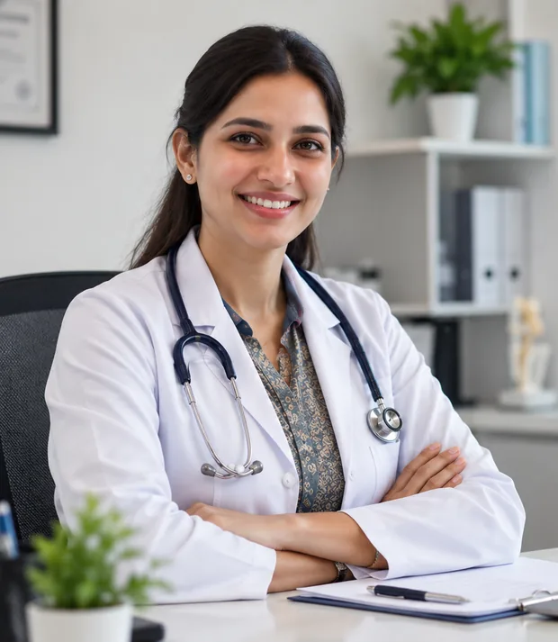 Doctor at her desk using Medbus for diagnostic labs and day-care centers