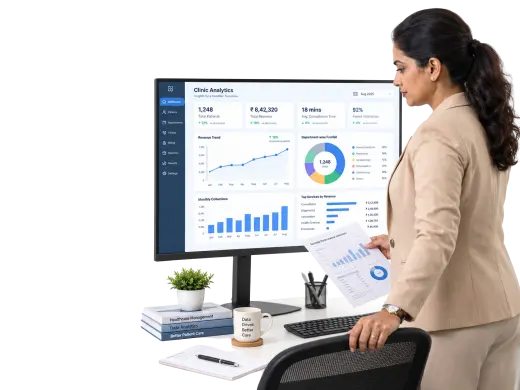 Clinic manager reviewing patient growth analytics in Medbus