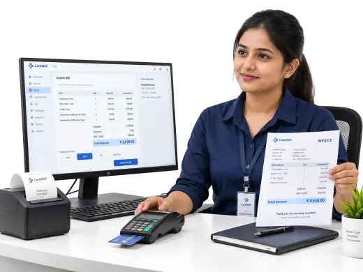 Clinic front desk collecting a card payment against a Medbus invoice