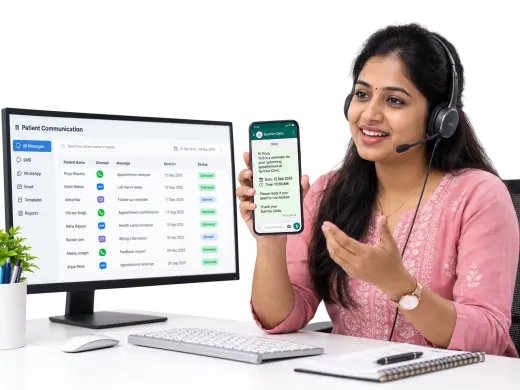 Clinic staff sending WhatsApp appointment reminders to patients from Medbus